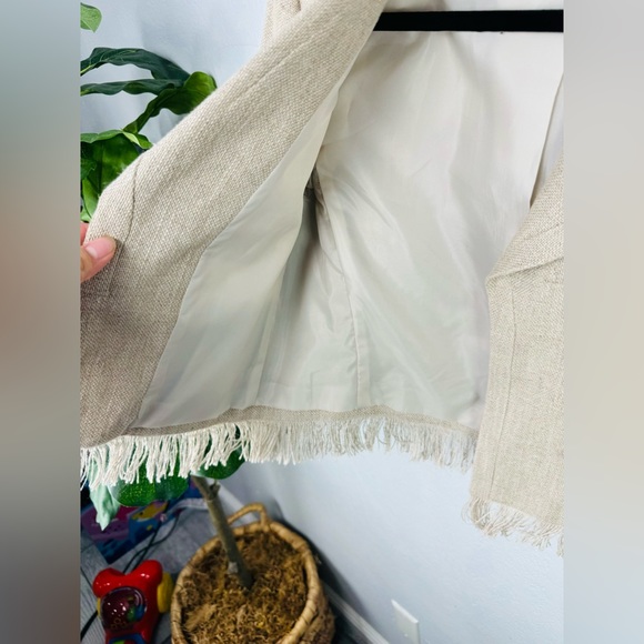 Harvey Bernard 100% Khaki Linen Two Piece Strapless Dress & Linen Fringe Jacket - Picture 5 of 12